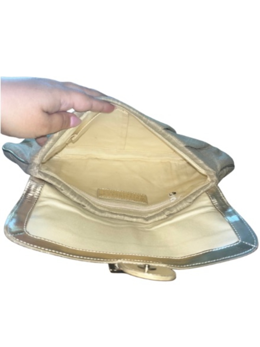 White House Black Market Silver and Tan Linen Braided Buckle Evening Clutch - Picture 9 of 13